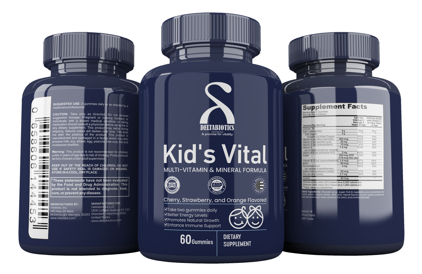 Kid’s Vital – Multi-Vitamin & Mineral Formula Gummies Delicious Cherry, Strawberry, and Orange Flavored Gummies for Healthy Kids