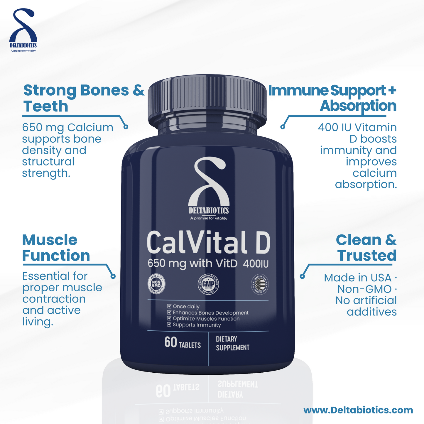 CalVital D – 650 mg Calcium with Vitamin D 400IU Enhance Bone Strength and Support Your Immune System